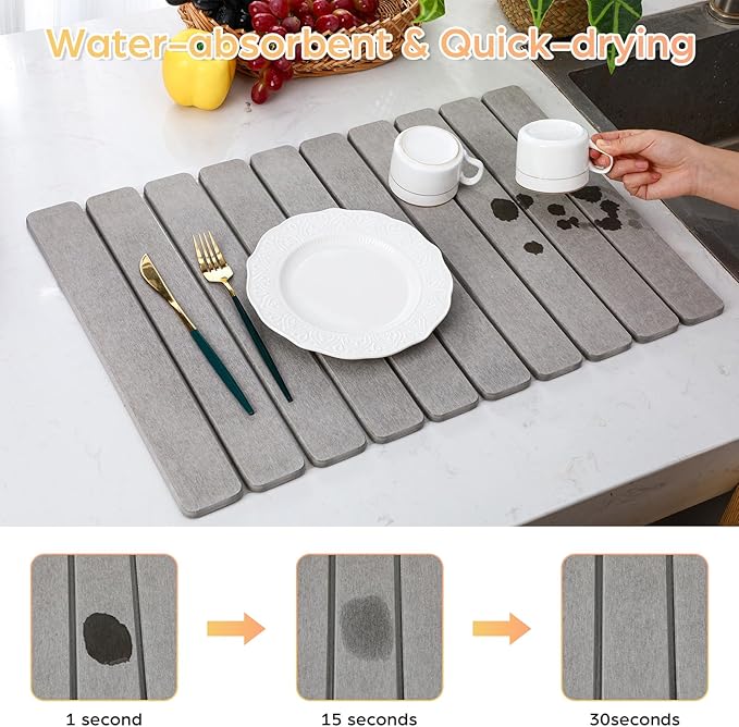 Nuanchu 2pack Large Stone Dish Drying Mat for Kitchen Counter, 23.6"(L)x15.4"(W), Collapsible Diatomaceous Earth Water Absorbing Mat for Dishes Bottles Cups, Match Any Countertop (Light Grey)