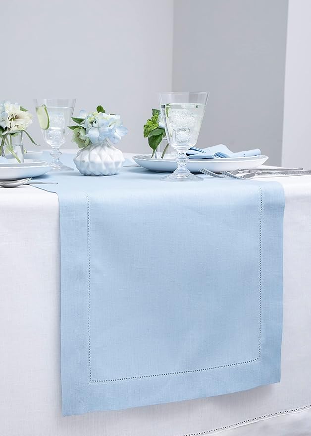 Solino Home Linen Sky Blue Table Runner 48 Inches - Classic Hemstitch, 100% Pure Linen Coffee Table Runner 14 x 48 Inch Ideal for Dresser Tables - Summer