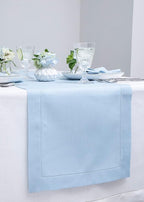 Solino Home Sky Blue Table Runner 90 Inches Long - 100% Pure Linen Hemstitch 14 x 90 Inch Table Runner for Dining and Summer - Classic Hemstitch