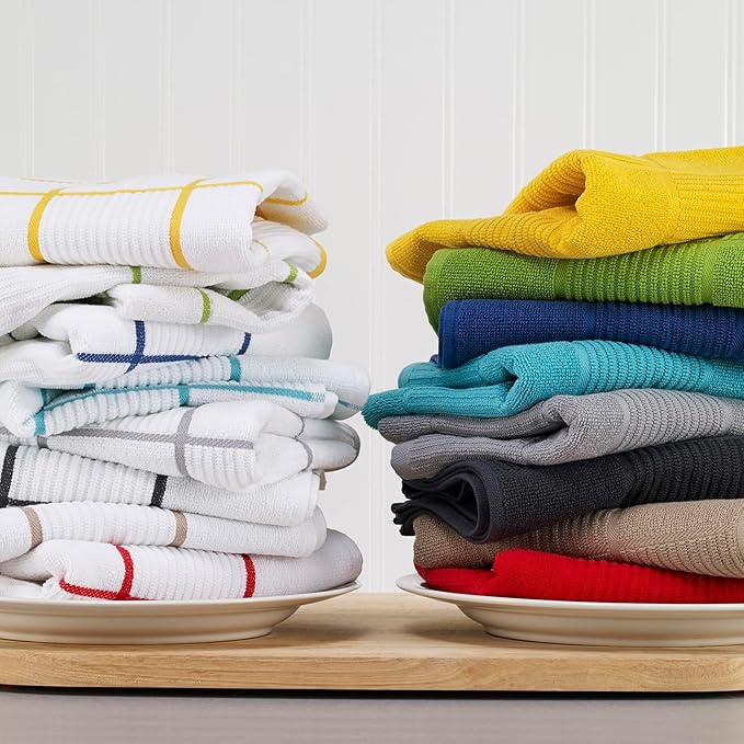 T-fal Solid & Checked Parquet Kitchen Towels: Highly Absorbent, Super Soft Long Lasting - 100% Cotton, 16"x26" Dish Towels for Cleaning & Drying Dishes, Pans, Glassware, Countertops, 6-Pack, Sand