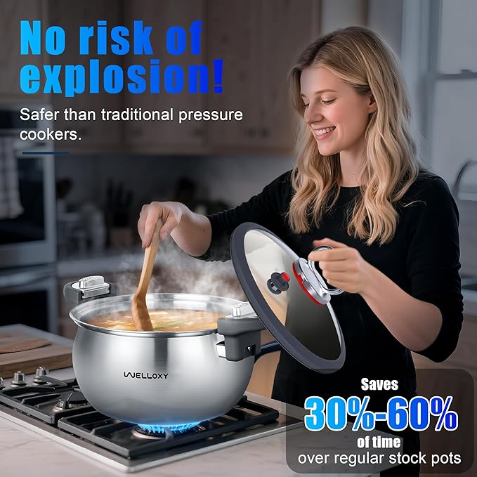 WELLOXY 3-Ply Stainless Steel Micro-Pressure Cooker 7.5Qt - Dutch Oven, Stock Pot, Stew Pots with Locking Lid for Soup, Braising, Pasta, Saves Time & Energy, Lead & PFOA Free (Not a High-Pressure Pot)