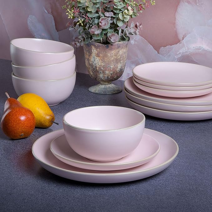 Gibson Home Rockaway 12-Piece Round Stoneware Dinnerware Set, Service for 4 – Pink Plates and Bowls, Modern Matte Finish, Microwave & Dishwasher Safe