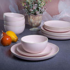Gibson Home Rockaway 12-Piece Round Stoneware Dinnerware Set, Service for 4 – Pink Plates and Bowls, Modern Matte Finish, Microwave & Dishwasher Safe