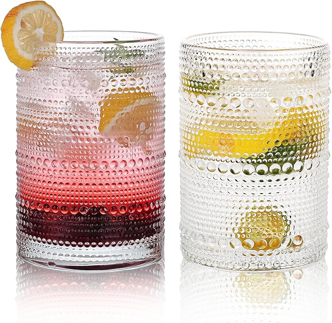 Hobnail Drinking Glasses Set,16 Oz Vintage Embossed Glass Tumbler for Cocktail, Beer, Juice, Water, Whiskey and Kitchen Glassware,2pack