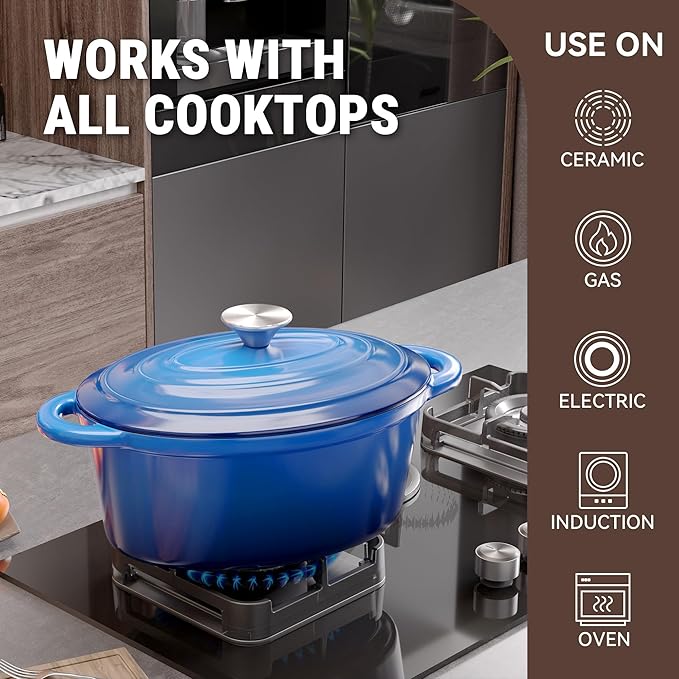 Oval Dutch Oven for Bread Baking, 4.5 Quart Non Stick Enameled Cast Iron Dutch Oven Pot with Lid, Oven Safe Oval Casserole with Lid up to 500°F for Baking, Braising, Stews, Roasting (Blue)