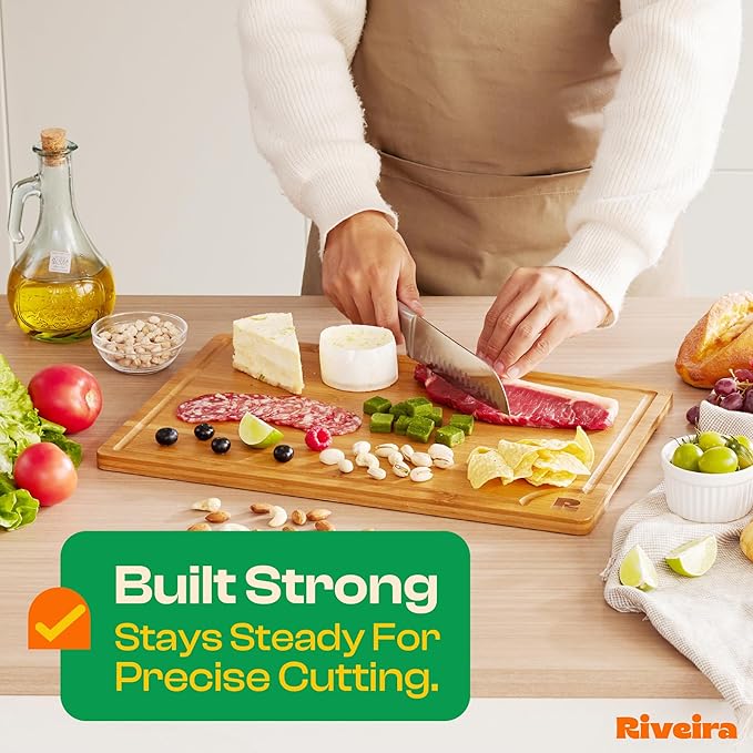 Riveira Brown Bamboo Wood Cutting Board – Gourmet Bamboo Grandeur: 18 x 12 Wooden Cutting Board – Wooden Cutting Boards For Kitchen Decorative – Innovative Juice Grooves Wooden Chopping Board