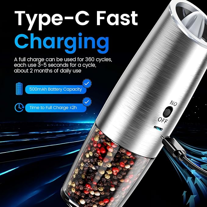 Rechargeable Gravity Electric Salt and Pepper Grinder Set with LED Light, Type-C Fast Charging, Adjustable Coarseness, Large Capacity Grinder for Kitchen & Outdoor, (2 Pack-Stainless Steel)