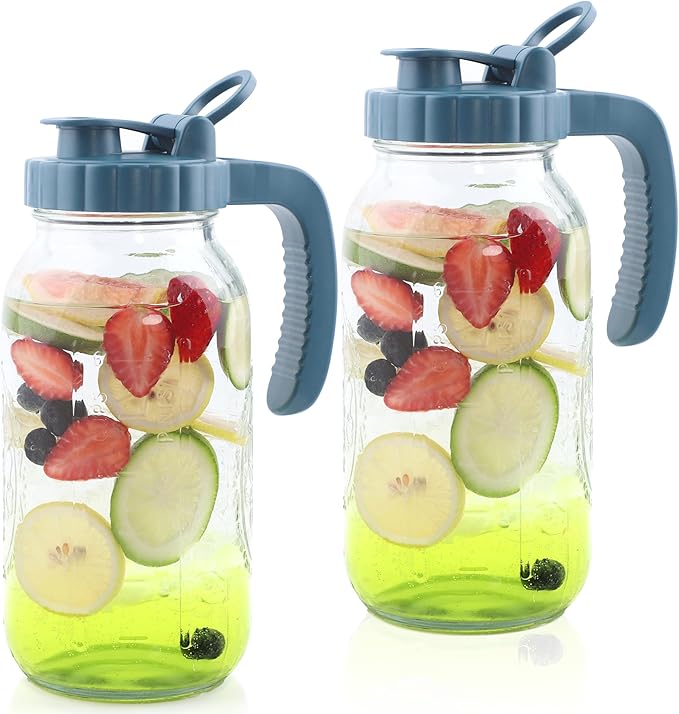 Mason Jar Pitcher 2 Quart With Pour Spout Lids 2 Pack 64 Oz Wide Mouth Water Pitcher Airtight And Leakproof Glass Carafe With Handle And Flip Cap For Milk, Iced Tea, Cold Brew Coffee, Juice