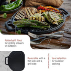Victoria Round Cast Iron Grill. Double Burner Griddle, with Removable Coil Handles Seasoned with 100% KoBibir Certified Non-GMO Flaxseed Oil, 12.5 Inch, Black