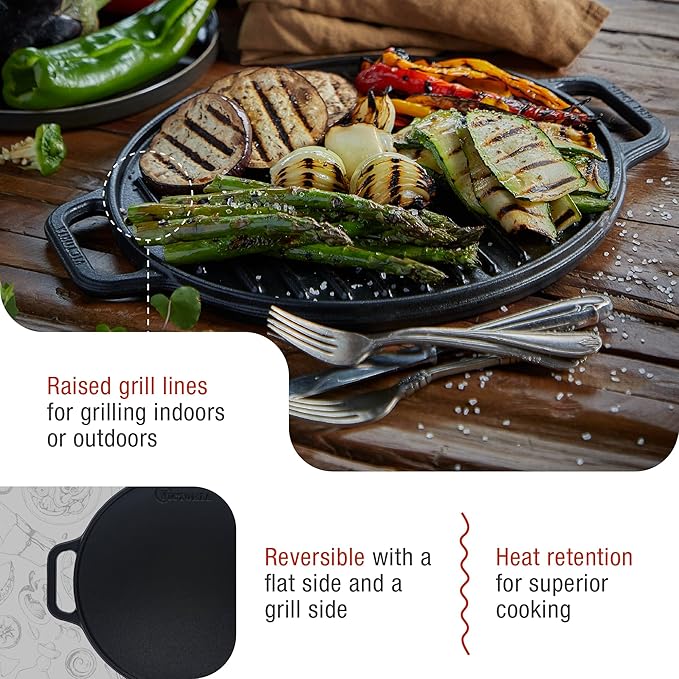 Victoria Round Cast Iron Grill. Double Burner Griddle, with Removable Coil Handles Seasoned with 100% KoBibir Certified Non-GMO Flaxseed Oil, 12.5 Inch, Black