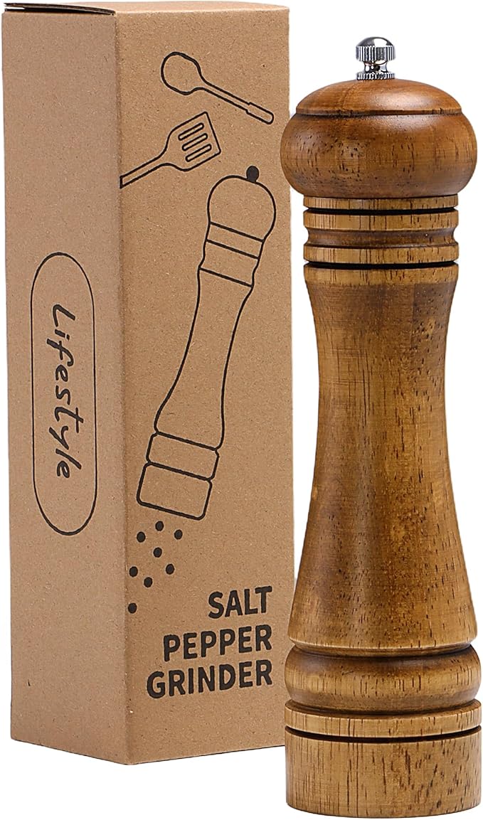 Wood Salt and Pepper Grinder, Salt Grinder and Pepper Mill, Oak Wood Shakers with Adjustable Ceramic Grinders - 8 inches, 1 Pack