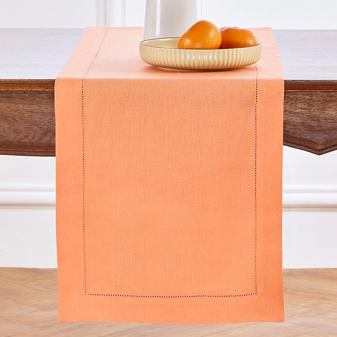 Solino Home Linen Coral Table Runner 144 Inches Long - 100% Pure Linen Extra Long Table Runner 14 x 144 Inch for Summer - Classic Hemstitch