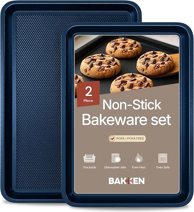 Diamond Bottom Cookie Sheet Set of 2, Nonstick Blue Carbon Steel Baking Pans for Crisp Baking, Space-Saving Stackable Trays, PFOA, PFOS, PTFE Free, Oven Safe Up to 450°F, Small & Medium Pans