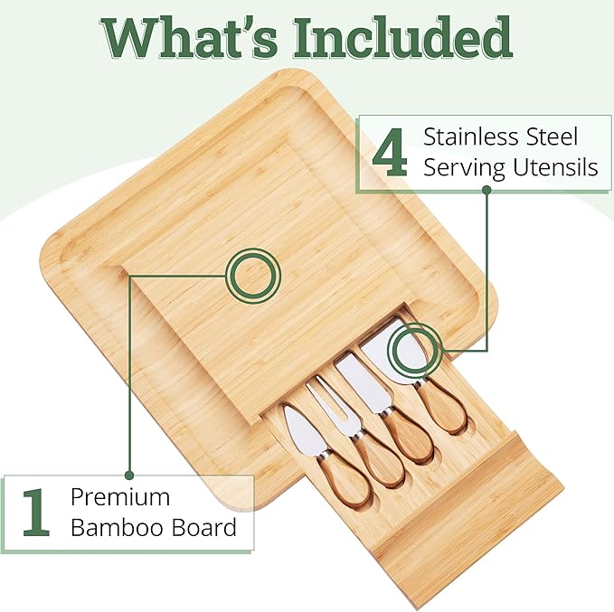 Charcuterie Board Gift Set, Bamboo Cheese Board With Cutlery, Includes Stainless Steel Serving Utensils, Cheese Platter and Serving Tray, Suitable for Wedding, Gift for Couples, and Housewarming Gifts