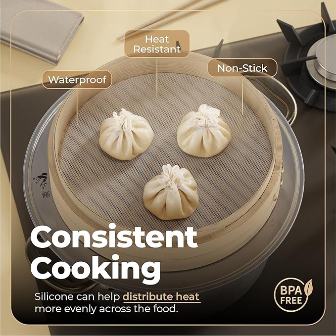 Prime Home Direct Bamboo Steamer Silicone Liners 10-Inch | 6 Count | BPA Free | Reusable & Non Stick for Air Fryer, Dumpling Food Steam Pot & Dim Sum Steaming | Round Mesh Parchment Baking Sheet Paper