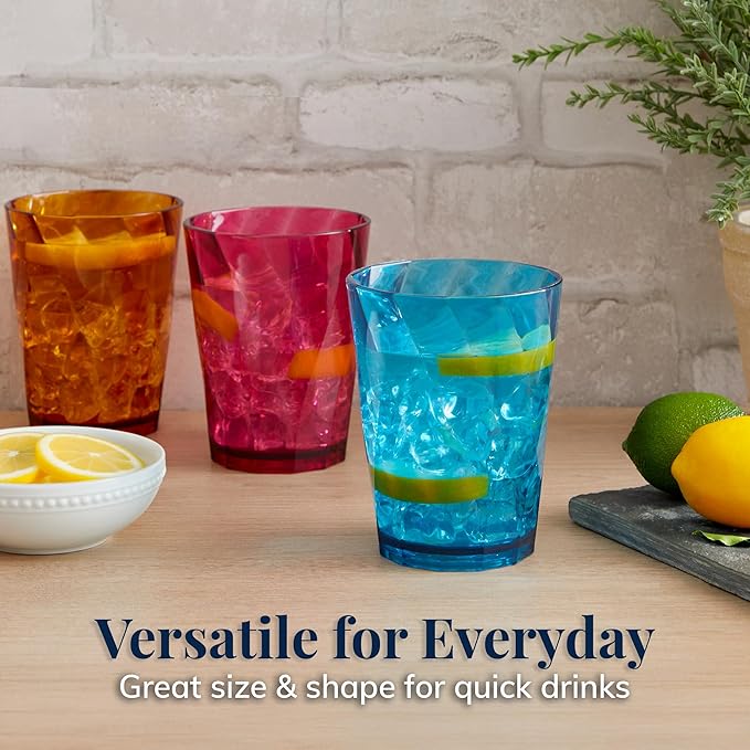 US Acrylic Optix Plastic Reusable Drinking Glasses (Set of 8) 14oz Rocks Cups in Jewel Tone Colors | BPA-Free Tumblers, Made in USA | Top-Rack Dishwasher Safe