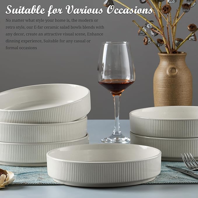 E-far Pasta Bowls Set of 6, 35oz Large Salad Bowl Plate for Dinner Serving Soup, Wide & Shallow Ceramic Stoneware Pasta Plates, Microwave & Dishwasher Safe, Textured Stripes & Speckled White, 8”