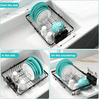 MAJALiS Dish Drying Rack in Sink -Expandable Stainless Steel Over Sink Dish Rack (11.3''-17''), Adjustable Capacity Dish Strainers for Kitchen Sink Counter with Utensil Holder, Black
