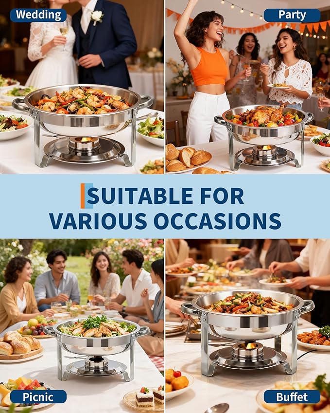 Garvee 4 Pack Chafing Dishes for Buffet, 5 QT Round Buffet Servers and Food Warmer Set with Lid, Stainless Steel Chafers for Catering Parties Wedding Banquet, Silver