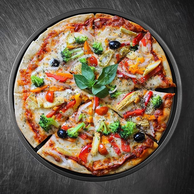 DecorRack 13 Inch Carbon Steel Pizza Pan, [Premium] Non-Stick Coating, Commercial Grade, Serving Tray, Heavy Duty Round Baking Tray for Oven Use (1 Pack)