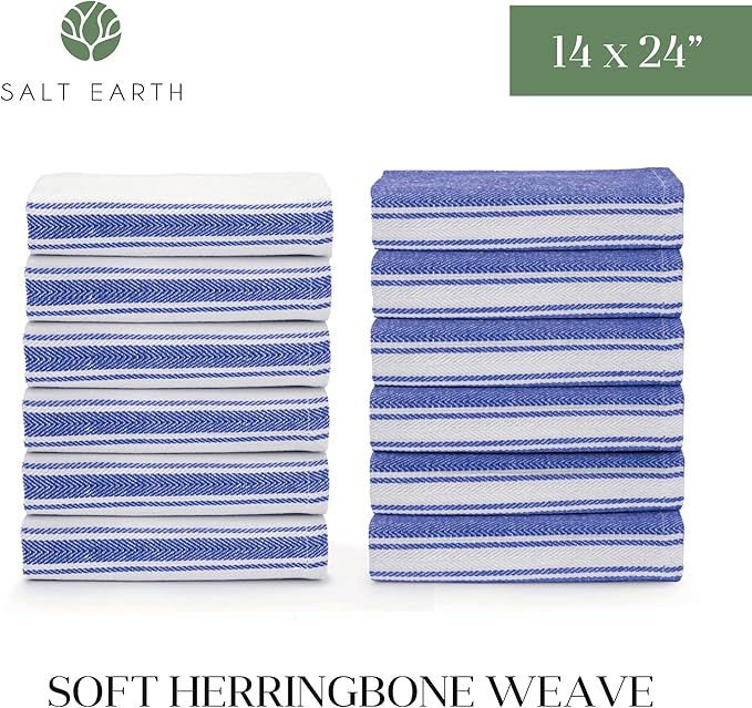 Salt Earth Kitchen Towels Cotton Dish Towel Size 24x14 Inches Set of 12 100% Ring Spun Cotton Absorbent Quick Dry Herringbone Weave Lint Free Washable Dishcloth Hanging Loop Color White & Blue Stripe