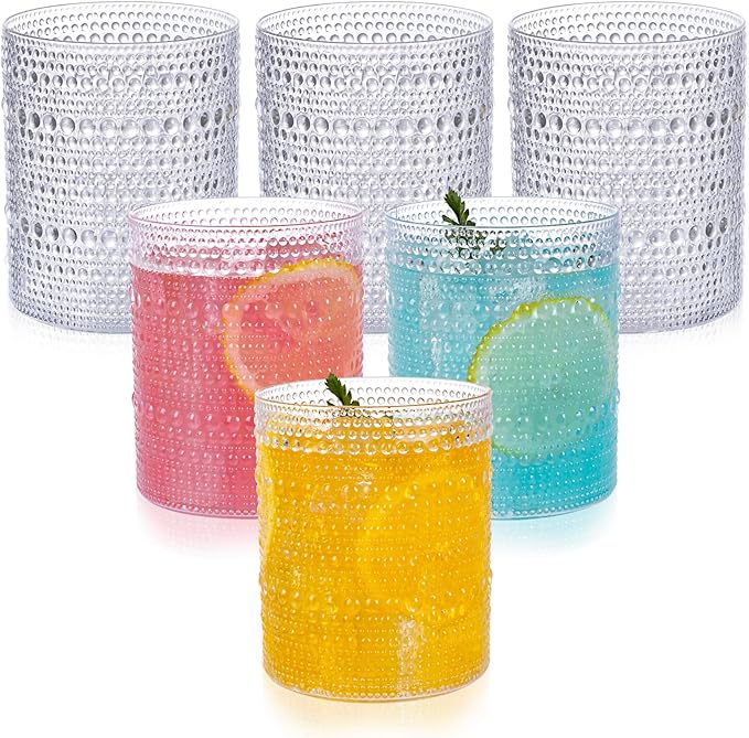 18PCS Plastic Hobnail Drinking Glasses - 14 Oz Clear Vintage Glasses Drinkware - Disposable Beaded Cups for Beer, Whiskey, Juice, Cocktail, Wine, Party