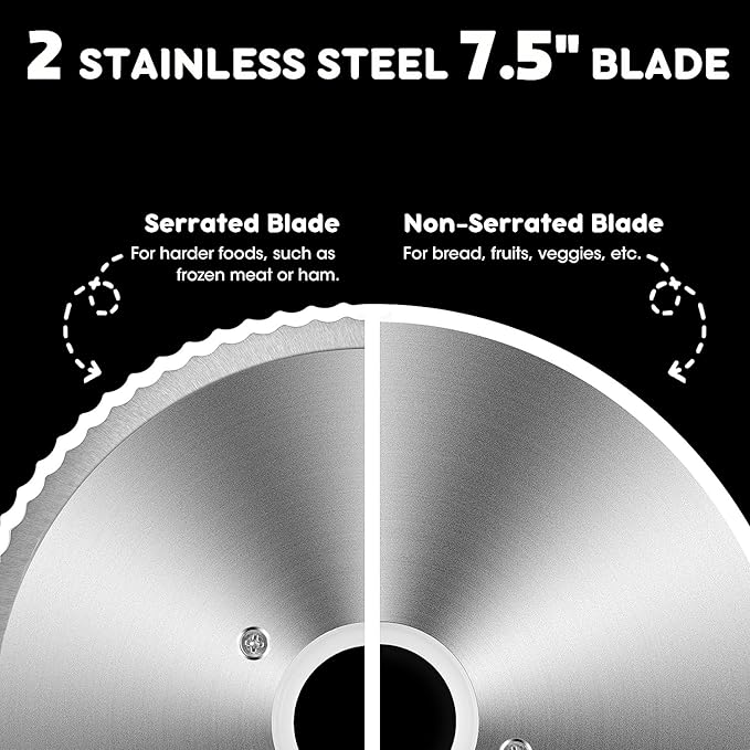 Meat Slicer, Techwood 150W Electric Slicer for Home Use with 2 Removable 7.5" Stainless Steel Blade, Deli Cheese Fruit Vegetable Bread Cutter with Adjustable Thickness, Easy to Clean, Silver