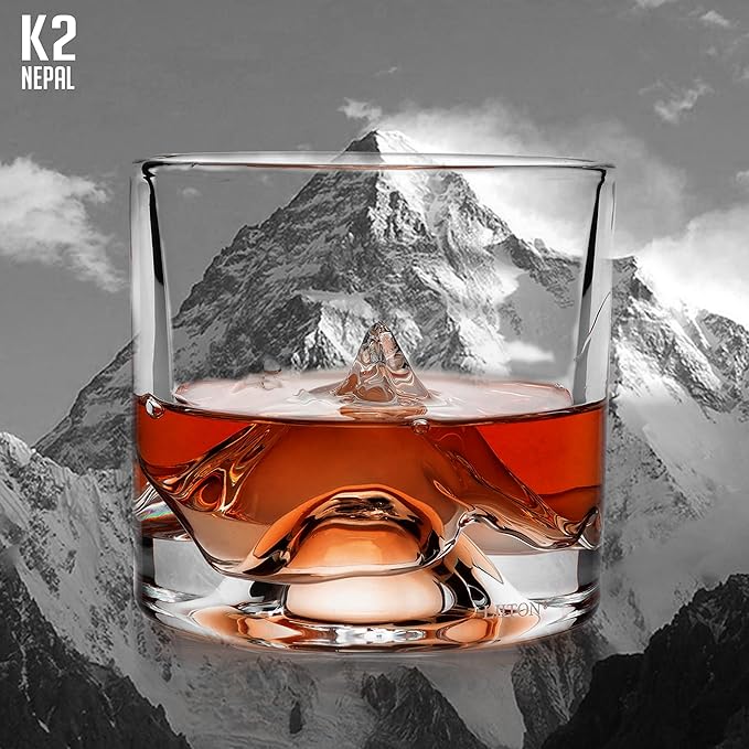 LIITON K2 Nepalese Heavy Crystal Whiskey Glasses Gift Set of 2, Thick Freezable Bourbon Glass 1lb Each, Premium Whiskey Gifts for Men, Frozen Crystal Chills Cocktails, 10 oz