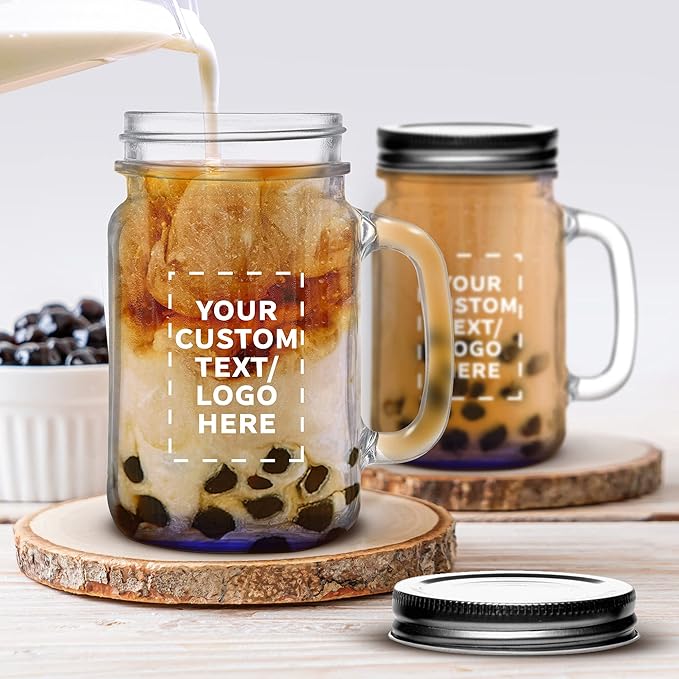 DISCOUNT PROMOS Custom Libbey Handle Mason Jars w/Lids 16 oz. Set of 50, Personalized Bulk Pack - Traditional style, High standard - Blue