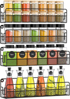 Wall Mounted Spice Rack Organizer, Pantry Door Organizer & Hanging Storage Baskets, Metal Spice Shelf for Kitchen Cabinet, 3 Depth Sizes Hold Large Jars to Nail Polish Bottles, 4 Pack
