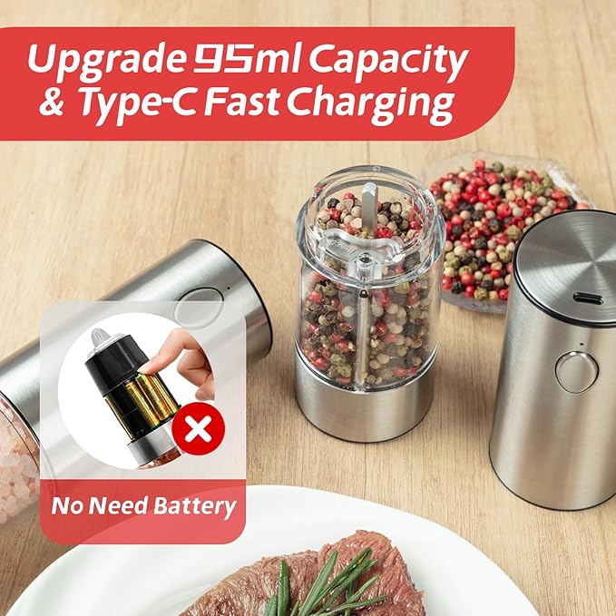 Electric Salt & Pepper Grinder Set (2 Pack) – USB Rechargeable, Adjustable Coarseness, One-Handed Operation with LED Light – Automatic Spice Mill Shaker for Kitchen, Dining, or Camping