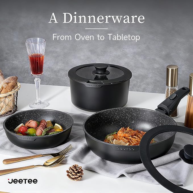 JEETEE Pots and Pans Set Non Stick 17pcs, Kitchen Cookware Sets with Detachable Handle, Induction Nonstick Cookware Set with Removable Handle, Stackable RV Cookware, Oven Safe, PFAS/PFOA Free, Black
