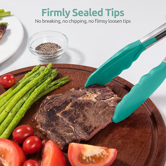 600ºF Heat Resistant Kitchen Tong: U-Taste 7in Silicone Cooking Tong with Firm Sealed Non Stick Rubber Tips & Silicon Coated 18/8 Stainless Steel Handle & Smooth Locking for Serving Salad (Aqua Sky)