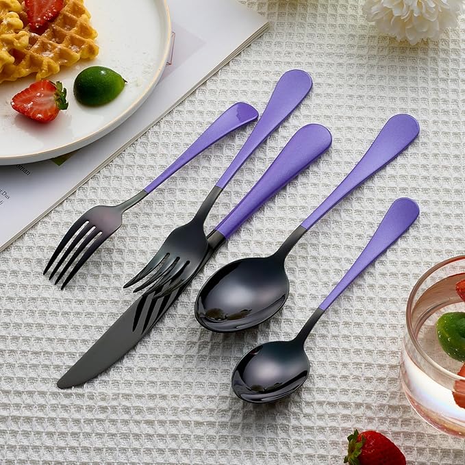 20 Piece Black and Purple 18/0 Flatware Utensil Set for 4, Include Dinner Knife,Dinner Forks,Dinner Spoons,Salad Forks,Teaspoons,Silverware Set for 4, Dishwasher Safe