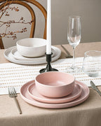 Famiware Milkyway Plates and Bowls Sets, 12 Pieces Dinnerware Sets, Reactive Glaze Dish Set, Stoneware Dishes Set for 4, Matte White & Light Pink