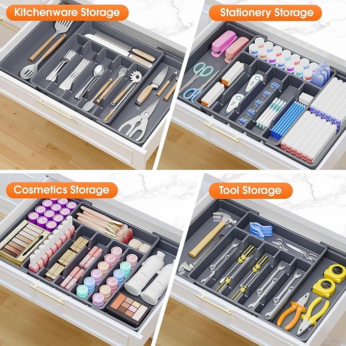 Silverware Organizer，Adjustable & Expandable Utensil Drawer Organizer, BPA Free Utensil Holder, Cutlery Tray for Forks, Spoons, Knives in Kitchen, Large, Grey