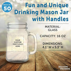 DISCOUNT PROMOS Custom Libbey Mason Jars w/Handles 16 oz. Set of 50, Personalized Bulk Pack - Traditional style, High standard - Black