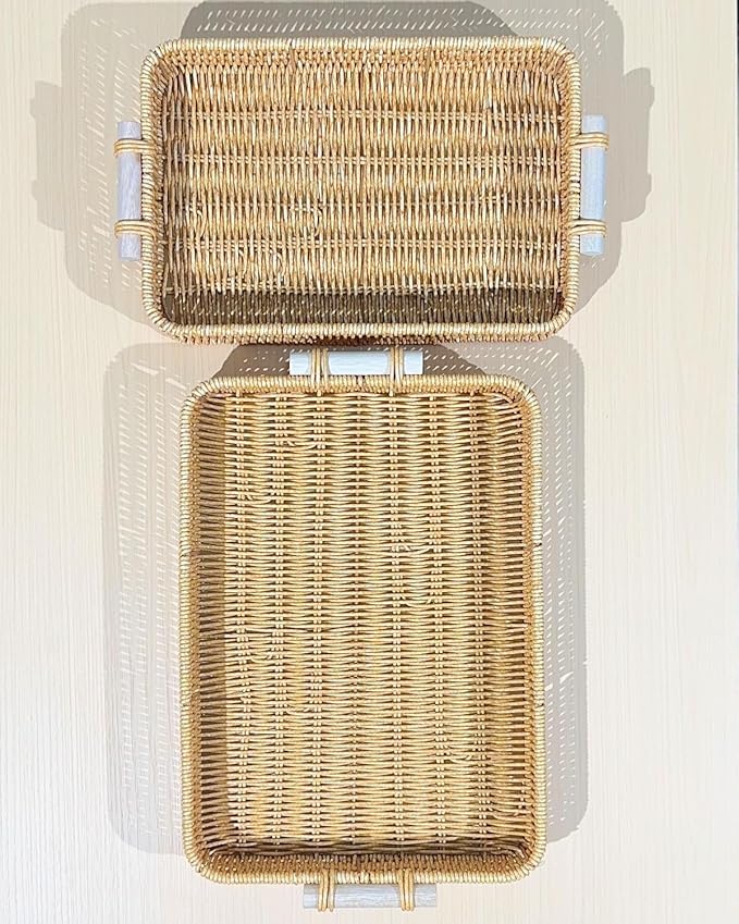 Woven Kitchen Storage Baskets Rattan Fruit Tray for Decoration Rectangular Bread Baskets with Wooden Handles, Outdoor Serving Tray for Coffee Table, Picnic Food, Snacks, Vegetables, 2-Piece, Natural