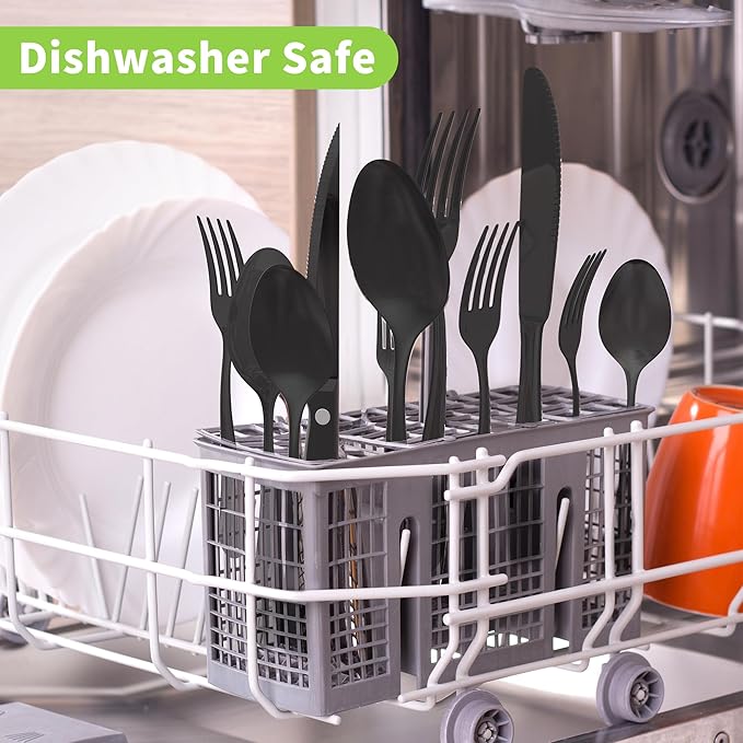 24-Piece Black Silverware Set with Steak Knives, Stainless Steel Flatware Cutlery Set for 4, Spoons Forks and Knives Sets, Mirror Finished Utensil Sets Dishwasher Safe for Home Restaurant