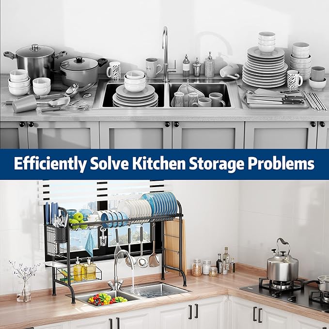 MOUKABAL Dish Drying Rack - Stainless Steel Over The Sink Dish Drying Rack (Expandable Length), Large Dish Rack with Utensil Holder, 32.3" - 33.9"(L) x 11.4"(W) x 23"(H) Black