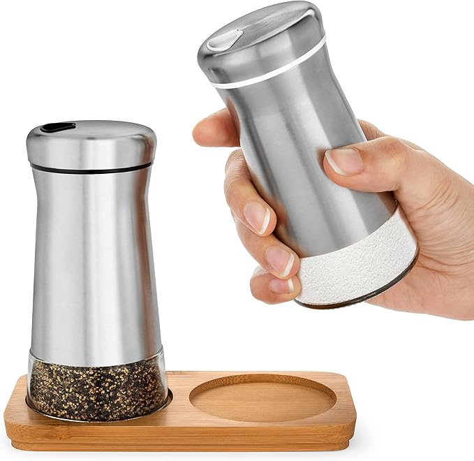 Salt and Pepper Shakers set with Adjustable Pour Holes - Elegant Stainless Steel Spice Dispenser - Perfect for Himalayan, Table Salt, White and Black Pepper (Salt & Pepper Shakers Set + Bamboo Stand)