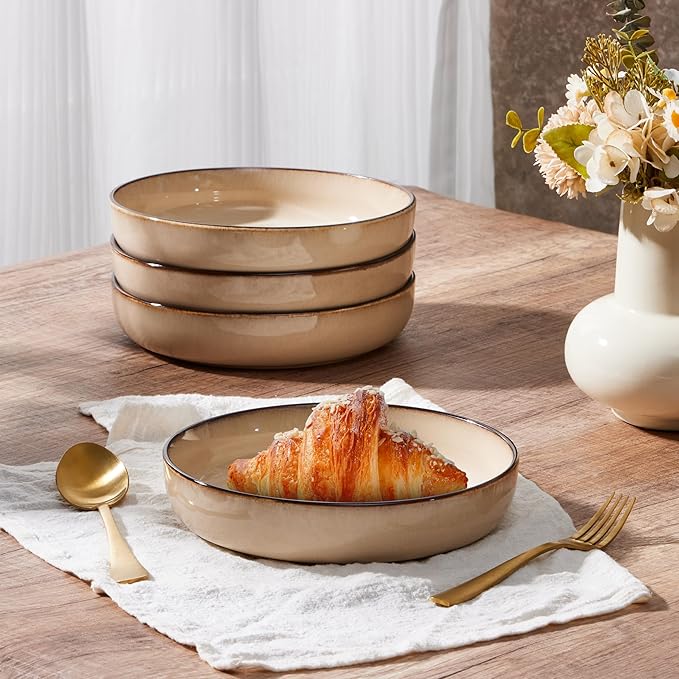 E-far Pasta Bowls Set of 4, 35oz Large Salad Bowls for Serving, Wide and Shallow Ceramic Plates for Kitchen, Double Reactive Glaze, Microwave and Dishwasher Safe, Sandy Beige
