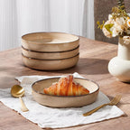 E-far Pasta Bowls Set of 4, 35oz Large Salad Bowls for Serving, Wide and Shallow Ceramic Plates for Kitchen, Double Reactive Glaze, Microwave and Dishwasher Safe, Sandy Beige