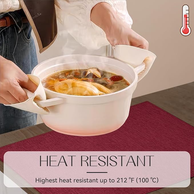 Romanstile Cloth Placemats Set of 6-12 x 18 Inch, Heat Resistant Double Layered Thickened Burlap Christmas Place Mats, Washable Faux Linen Farmhouse Table Mats for Kitchen/Dining/Party/Outdoor, Red