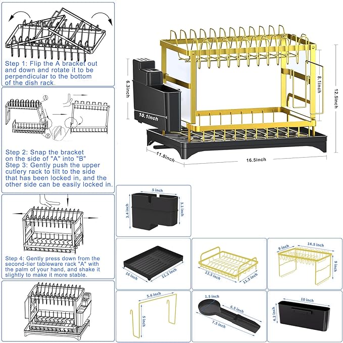 Dish Drying Rack Gold, Multifunctional Dish Racks for Kitchen Counter with Drainboard 2 Tier Dish Drainer Large Capacity for Knifes/Cup/Cutting Board