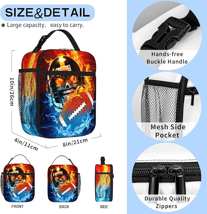 American Football Lunch Bag for Boys Girls Insulated Football Lunch Box for Kid Teen Adult Reusable Kids Lunch Bag for School Work Office Travel Waterproof Leakproof Portable Fits Most Bento Boxes
