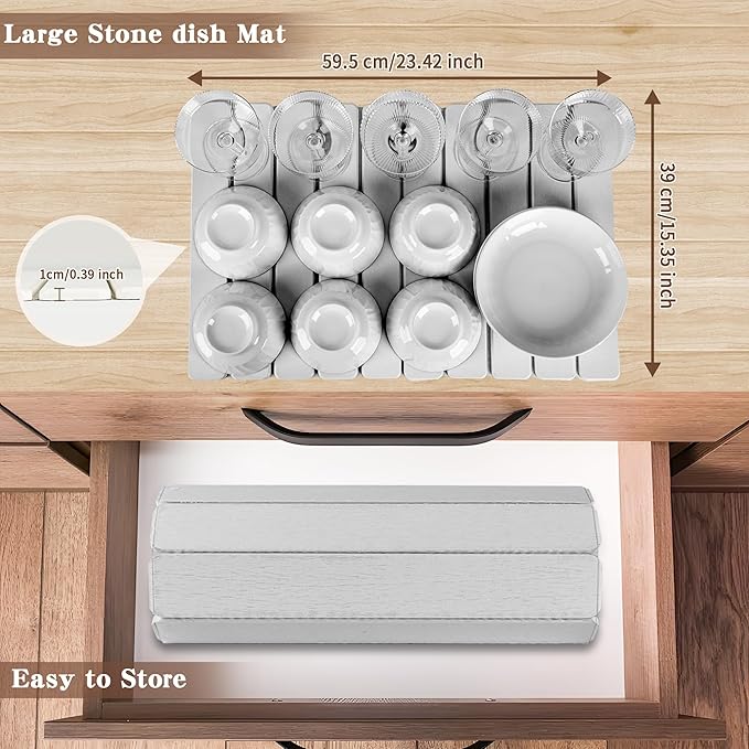 Stone Dish Drying Mat for Kitchen,Fast Dry and Quickly Absorbed Collapsible Drying Mat, 24"×16" Protection Kitchen Counter , Diatomaceous Earth Food Grade Stone Drying Trays (Grey, 16*24 inch)