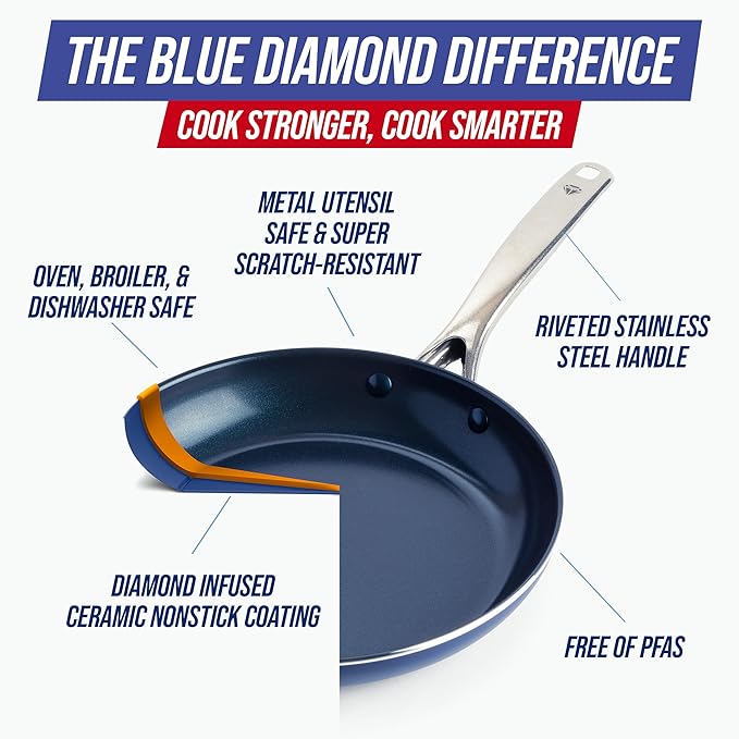 Blue Diamond 10" Nonstick Frying Pan Skillet, Diamond Infused PFAS & PTFE-Free Ceramic Pot, Dishwasher & Oven Safe, Stay Cool Handle, Durable Non Toxic Metal Utensil Safe, Egg & Omelet Pan, Blue