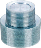 WDF 200PCS Blue Plastic Plates - Blue Glitter Plastic Plates - Heavy Duty Disposable Plates - Include 100 Dinner Plates 10" and 100 Dessert Plates 7" for Parties/Wedding/Graduation