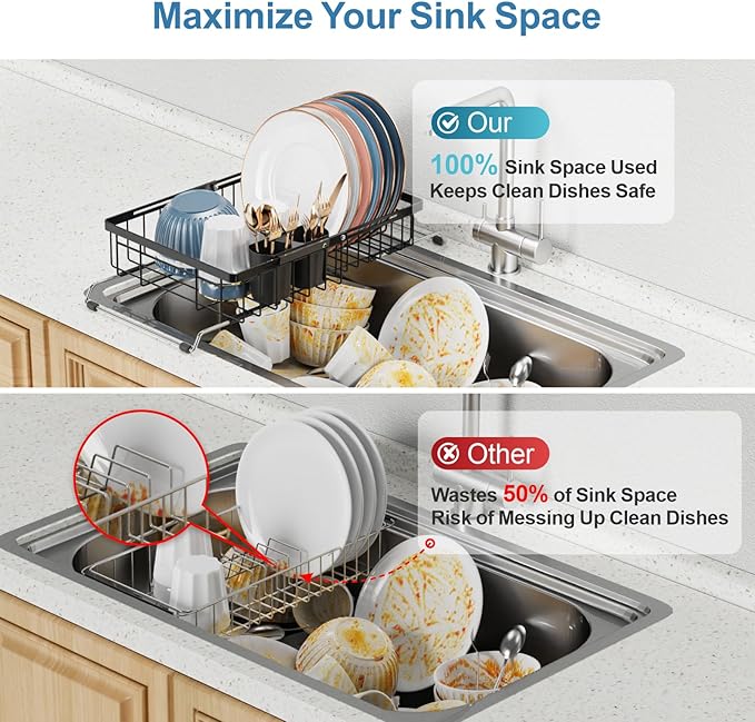 iSPECLE Over Sink Dish Drying Rack - Expandable Capacity Dish Rack for Kitchen Counter, Fits Any Sink Type, 12"~16.9" L x 11.8" W, Black